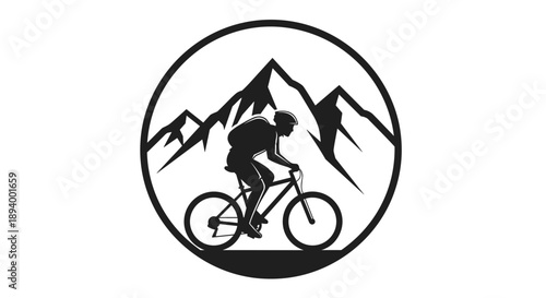 Cyclist riding inside a circular mountain landscape emblem