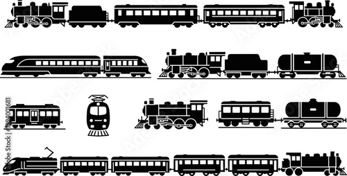 Collection of various train silhouettes, including steam locomotives, electric trains, subway cars, passenger wagons, and tanker railcars, isolated vector illustration set