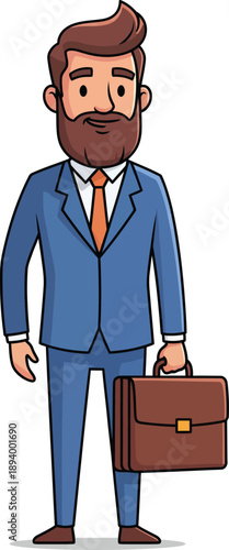Friendly cartoon businessman with a brown beard wearing a blue suit and holding a briefcase.