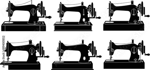 Collection of Vintage Hand-Crank Sewing Machine Silhouettes Showing Various Ornate and Simple Styles for Retro Dressmaking, Tailoring, and Craft Hobby Vector Illustration