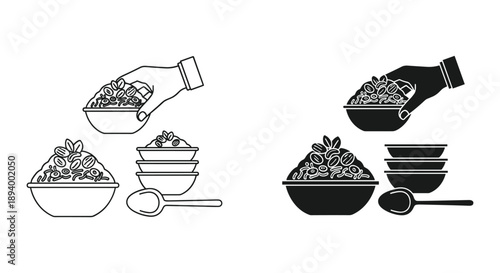 Black and White Illustration of Cereal Bowls and Spoons
