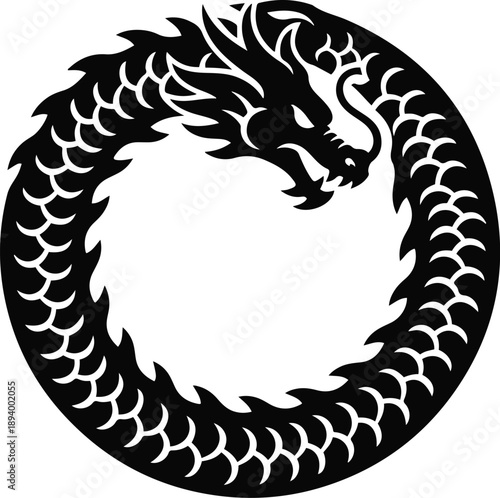Vector silhouette illustration of a dragon biting its own tail to form a complete circle, a symbol historically known as the Ouroboros.