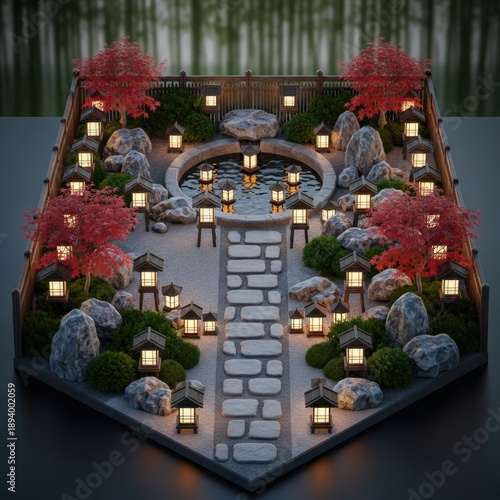 Miniature Japanese Garden With Pond And Lanterns At Night