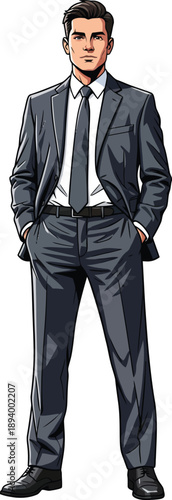 Fulllength comic style illustration of a confident businessman in a dark grey suit with hands in his pockets.