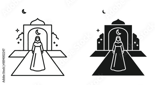 Muslim Woman Entering Mosque Line Art Icons