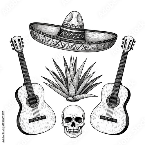Mexican culture symbols with sombrero and guitars