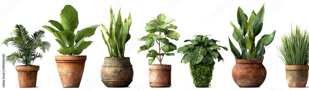 Fototapeta premium Seven potted plants of various species and sizes, displayed in a row on a white background