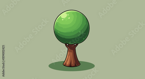 A stylized green tree with a rounded canopy and a brown trunk stands on a light green surface.