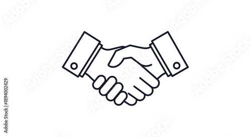 Business handshake outline icon, representing agreement, partnership, and successful deal on isolated white background.