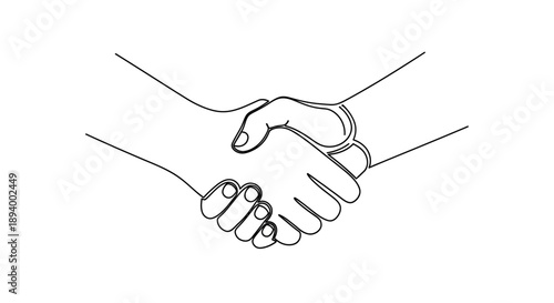 Continuous line drawing of two hands shaking, symbolizing agreement, partnership, and collaboration on isolated white background.