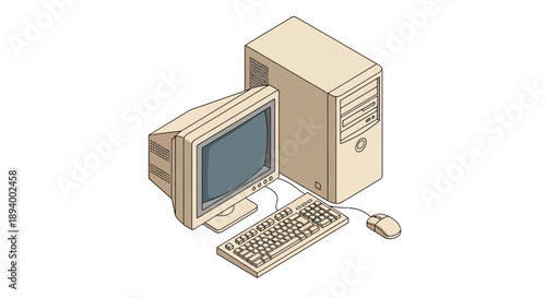 An old beige desktop computer set with monitor, keyboard, and mouse is depicted in an isometric.