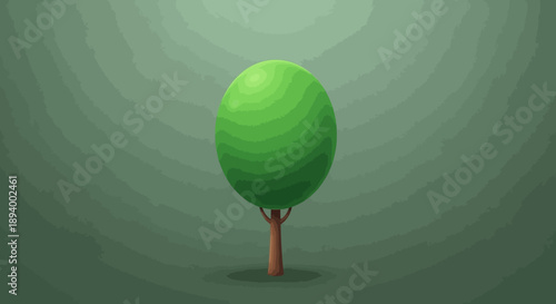 A single green tree with a rounded canopy stands against a muted green backdrop.