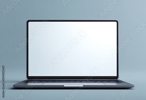 Front-facing laptop with blank white screen, set on a blue-grey background