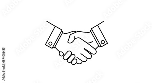 Businessmen Shaking Hands in Line Art Style, Expressing Agreement and Partnership on Isolated White Background