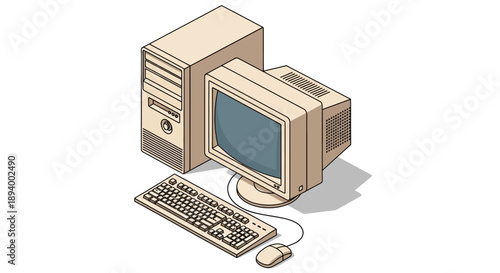 An isometric view of a vintage beige computer tower, monitor, keyboard, and mouse.