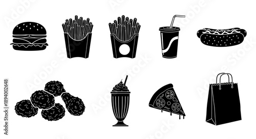 Collection of black and white fast food icons including a burger, fries, soda, hot dog, nuggets,.