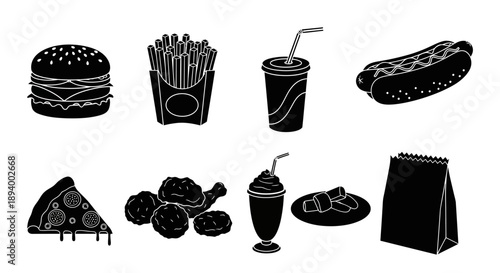 Collection of silhouette icons representing popular fast food items and drinks.