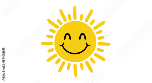 A cheerful cartoon sun with a smiling face radiates warmth and happiness.