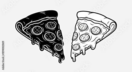 Two slices of pepperoni pizza, one black and white, dripping cheese and toppings.