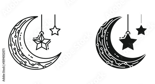Crescent Moon and Stars Hanging Illustration Set