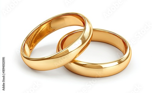 Two golden wedding bands, one slightly angled on top of the other, on a white background