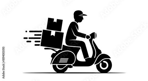 Courier on scooter delivering packages quickly with motion lines indicating speed and efficiency.