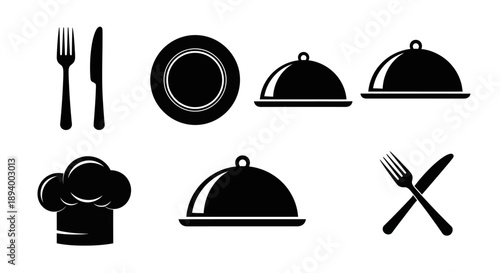 Collection of black silhouette icons representing culinary elements like utensils, plates, and chef.