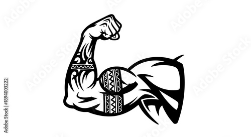 A muscular arm flexes with intricate tribal tattoo patterns adorning the bicep and forearm.