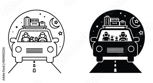 Family Road Trip Night Travel Vector Graphics