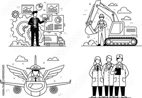 Profession illustration set, black and white concept, career icons, business logistics, construction worker, pilot cockpit, medical team, occupational diversity, stylized design