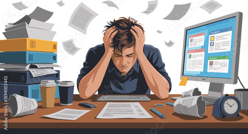 Stressed office worker, overwhelmed desk, chaotic paperwork, productivity pressure, burnout illustration, business stress, task overload, cartoon scene, workplace anxiety, vector concept