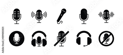 Microphone and headphone icons set for audio recording, broadcasting, and communication, vector graphics for music and podcasting