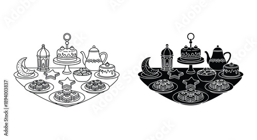 Tea Set on Tray Illustration Black and White