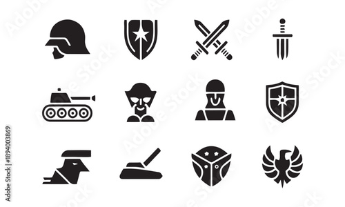 Military and warfare symbols including helmet shield sword tank soldier and eagle for defense and army concepts vector icons