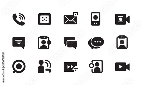 Modern communication technology icons representing phone calls, messages, video conferencing, and online connectivity, suitable for digital platforms and app interfaces