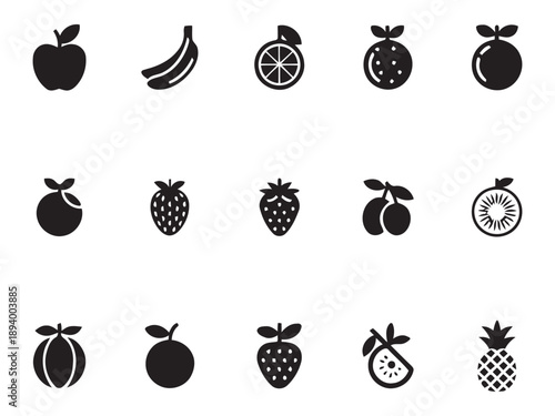 Minimalist fruit icon set with various garden and tropical fruits including apple orange plum berries strawberry kiwi and pineapple in black silhouette style for food retail and nutrition graphics