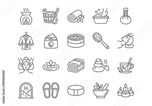 Relaxation and wellness icons, spa treatments and self care items, beauty and health symbols, therapeutic and pampering services, peaceful and rejuvenating ambiance elements