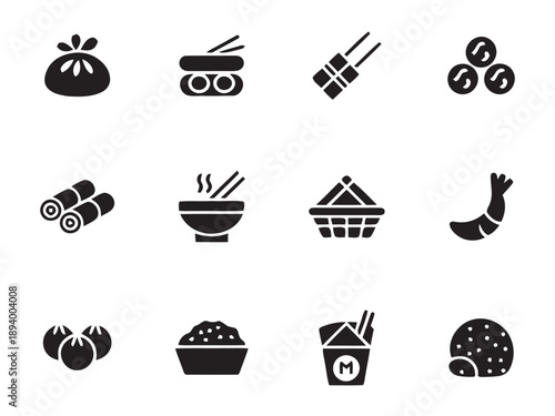 Selection of Asian food icons in various styles, representing dim sum, sushi, skewers, noodles, rice, and seafood, suitable for culinary websites and menus