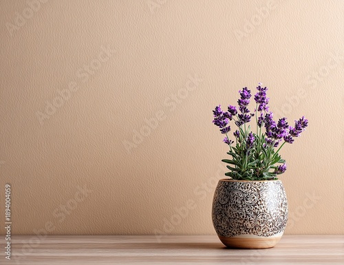 Wallpaper Mural A potted lavender plant sits on a wood surface against a neutral backdrop Torontodigital.ca