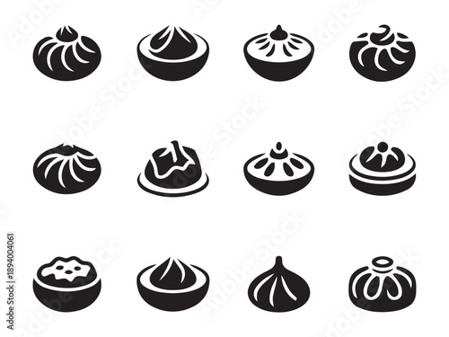Set of black and white dim sum dumplings icons on a white background. Illustrations of various steamed dumplings and bao buns. Traditional Asian food icons.