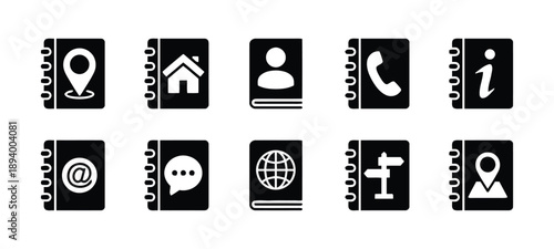 Set of black contact book icons representing personal information, location, communication, and global connection for directory and address book design