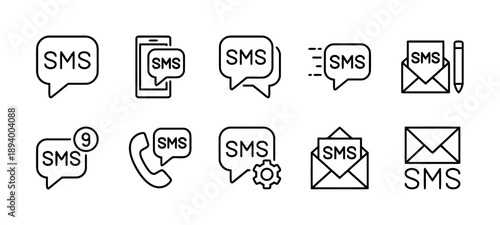 Set of black outline sms icons depicting various communication and messaging concepts with different styles and functions for modern digital use