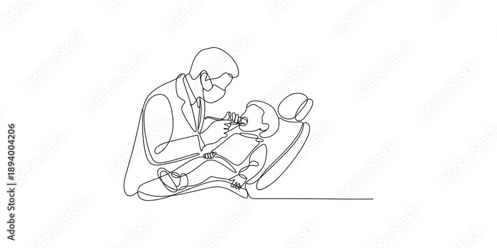 Obraz premium Single continuous line art of a dental examination scene with a dentist and child patient