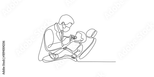 Single continuous line art of a dental examination scene with a dentist and child patient