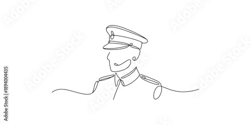 Continuous one line drawing of a military officer in uniform with cap