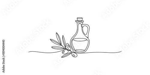 Continuous line drawing illustration of an olive oil decanter with an olive branch