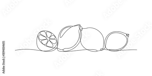 Continuous line drawing of four lemons, including a half-cut one, illustrating citrus fruit
