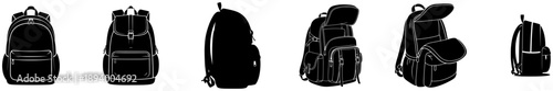 A set of six silhouettes of different types of backpacks, black, boat, canoe, design, fin, illustration, kayak, oar, surfboard, vessel, white, against transparent background