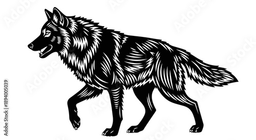 Wolf silhouette with decorative fur patterns walking forward in profile view black and white wildlife predator vector illustration for mascot logo or tattoo isolated on white plane