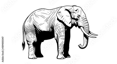 African elephant sketch with tusks standing in profile view detailed line art vector illustration for safari conservation themes and wildlife education isolated on white background